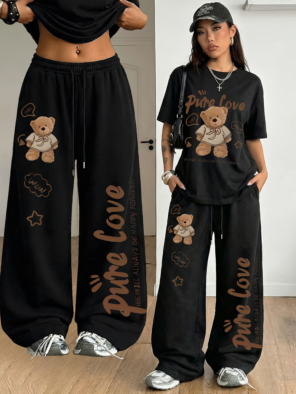Women's 2-Piece Set: Spring/Summer Fun "Brown Bear" Heart and Letter Print Daily Y Casual T-Shirt with Drawstring Loose Straight-Leg Pants. Soft, Comfortable, Niche Hip-Hop Y2K Versatile Streetwear T-Shirt Set, Suitable for Summer Outings - Black