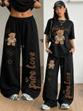 Women's 2-Piece Set: Spring/Summer Fun "Brown Bear" Heart and Letter Print Daily Y Casual T-Shirt with Drawstring Loose Straight-Leg Pants. Soft, Comfortable, Niche Hip-Hop Y2K Versatile Streetwear T-Shirt Set, Suitable for Summer Outings - Black