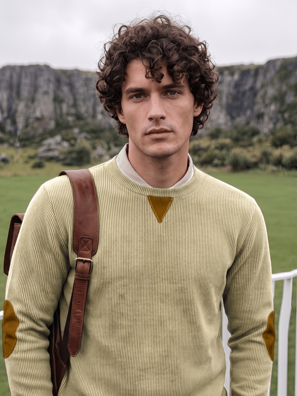 Men'S Corduroy Long-Sleeve Crew-Neck Pullover Leisure Work Outdoor Daily Wear Faux Collar Elbow Patches Design Loose Regular Fit Suitable for Spring, Autumn, And Winter Four Seasons Solid Color Minimalist Tone - Khaki