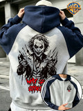 1pc New Men's Raglan Colorblock Zip-Up Hooded Sweatshirt Jacket, Official Warner Bros. - DC Joker Sketch Portrait + "Why So Serious" Classic Quote Slogan Creative Print, Dark Street Style Cool Look, Skin-Friendly Comfortable Fabric, Zipper + Kangaroo - Navy Blue And Gray