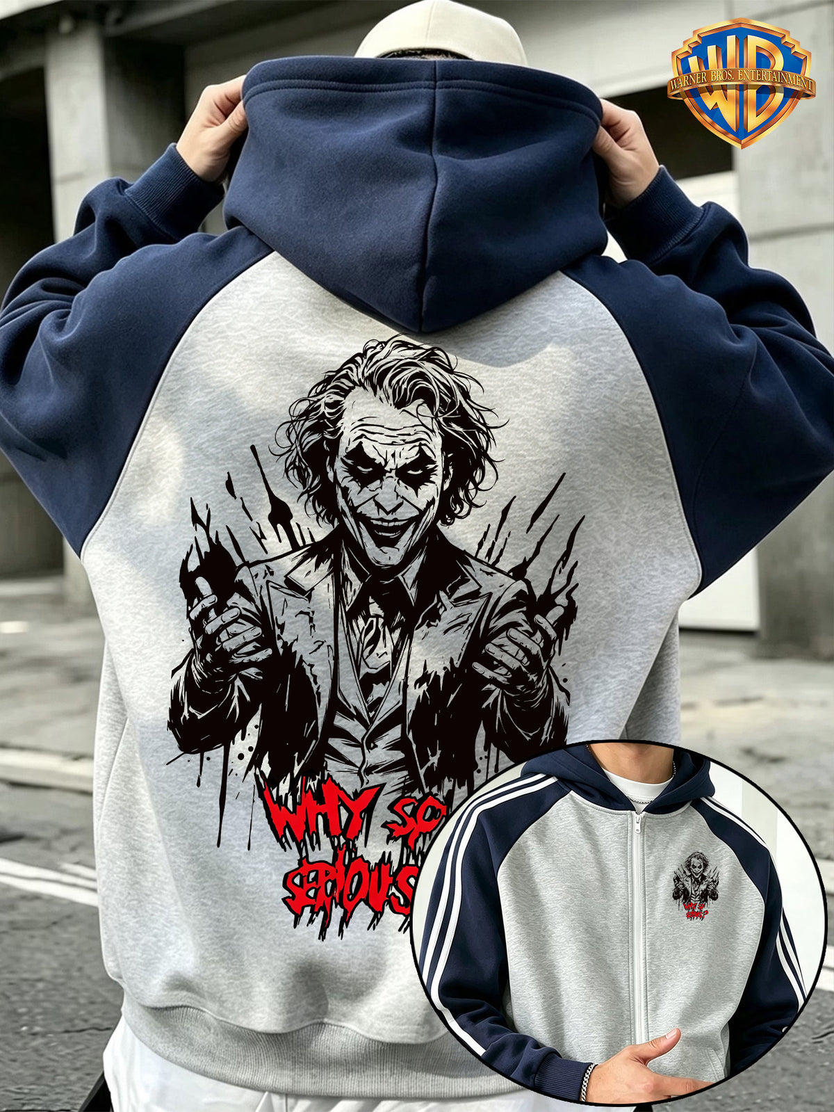 1pc New Men's Raglan Colorblock Zip-Up Hooded Sweatshirt Jacket, Official Warner Bros. - DC Joker Sketch Portrait + "Why So Serious" Classic Quote Slogan Creative Print, Dark Street Style Cool Look, Skin-Friendly Comfortable Fabric, Zipper + Kangaroo - Navy Blue And Gray