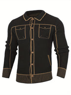 Men'S Casual Knit Cardigan, Fall Winter New Fashion Line Design Cardigan Sweater - Black