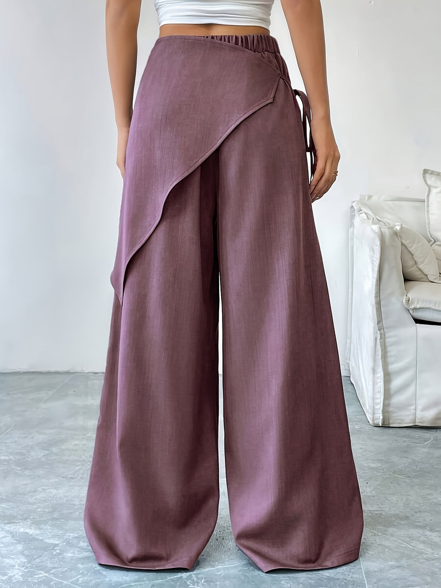 Women's Solid Color Cross-Tie Loose-Fit Leg-Length Casual Pants - Purple