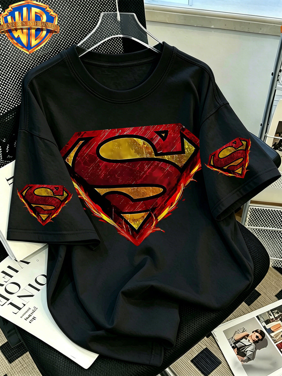 Warner Bros. Official Classic Pure DC Superman Classic S-Logo T-Shirt, Men's 100% Pure Casual Comfortable Multi-Functional Loose-Fit Summer Short-Sleeve T-Shirt, Suitable for Outdoor Wear - Black
