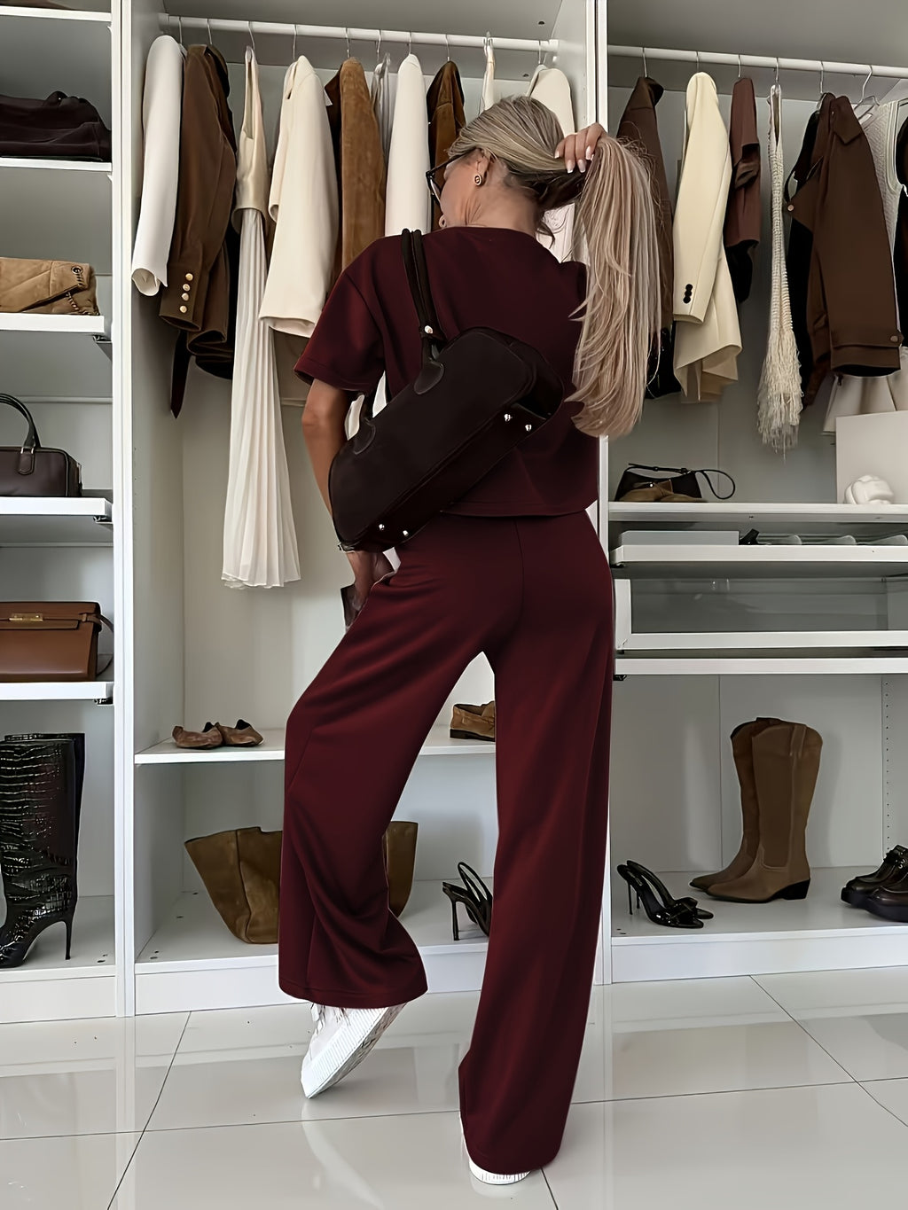 Women'S Suit Set, Air Mesh Fabric Relaxed Short Sleeve Wide-Leg Pants Set, Casual Wear - Burgundy