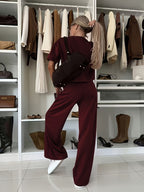 Women'S Suit Set, Air Mesh Fabric Relaxed Short Sleeve Wide-Leg Pants Set, Casual Wear - Burgundy
