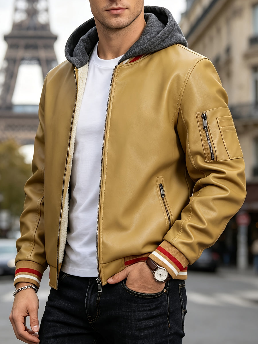 2026 New Best Choice 1pc Men'S Faux Leather Solid Color Hooded Lining Fleece Faux Leather Jacket Metal Zipper Multi-Pocket Design Casual Light Business Style Fall Slim Commute Daily Coat - Yellowish-brown