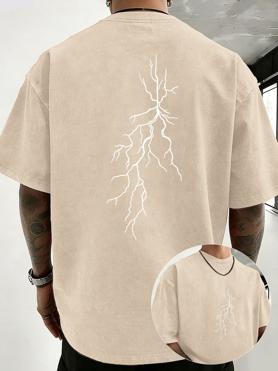 Men 100% Washed Distressed Crew Neck Short-Sleeve T-Shirt, Sketch Lightning Graphic Position Double-Sided Print, Trendy Loose Casual Tee Tops, 12 Colors Available - Apricot