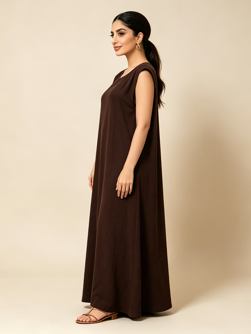 1pc Solid Color Elegant Casual Spring Autumn Suitable for Women'S Daily Base Layer Vest Abaya Muslim Dress Robe Summer Abaya - Coffee Color