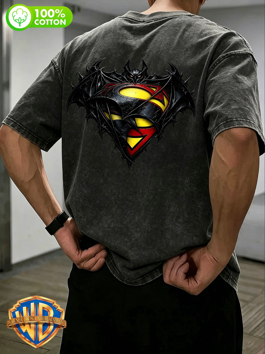 1pc, Men'S 100% Washed "Retro Washed DC Heroes Front And Back Print Pure Loose Casual Short Sleeve T-Shirt" Casual All-Match Loose Summer Round Neck Short Sleeve, Double-Sided Print - Suitable for Outdoor Sports, Gym, Daily Wear - Black