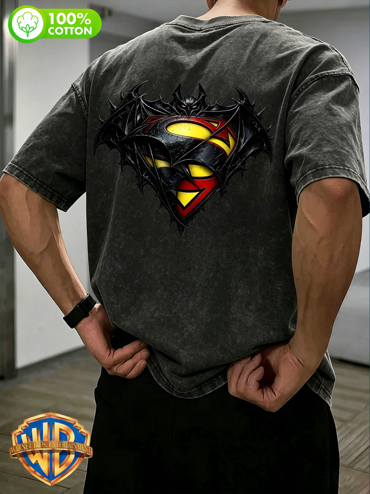 1pc, Men'S 100% Washed "Retro Washed DC Heroes Front And Back Print Pure Loose Casual Short Sleeve T-Shirt" Casual All-Match Loose Summer Round Neck Short Sleeve, Double-Sided Print - Suitable for Outdoor Sports, Gym, Daily Wear - Black