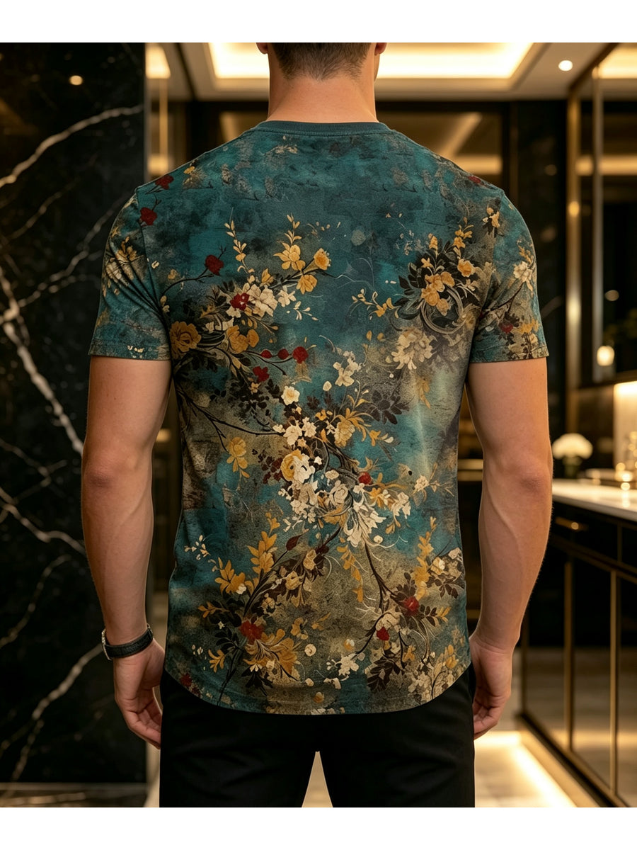 [Print Design - Not Textured] Men'S Fashion T-Shirt, Men'S Summer Retro Floral Print Short Sleeve T-Shirt, Distressed Dark Green Round Neck Top, National Trend Literary Style Breathable Versatile Tee - Mixed colors