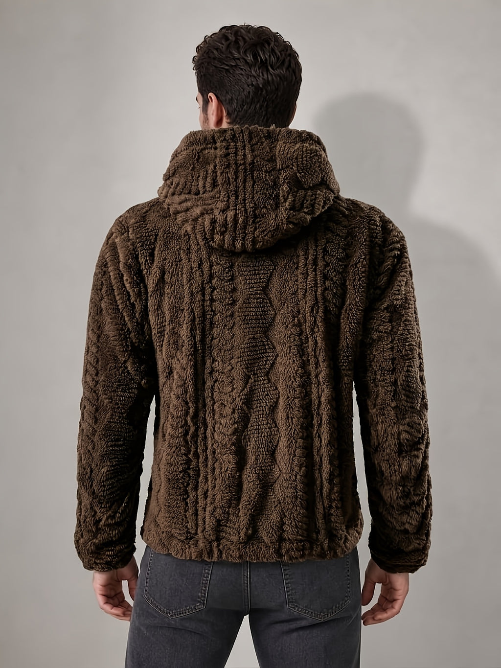 Men'S Plush Fleece Hooded Jacket, Full-Zip Long Sleeve Outerwear with Hand Pockets, Elastic Cuffs And Hem, Solid Color Textured Casual Jacket for Fall/Winter Daily Wear, Travel And Outdoor Activities - Coffee Color