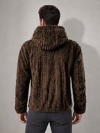 Men'S Plush Fleece Hooded Jacket, Full-Zip Long Sleeve Outerwear with Hand Pockets, Elastic Cuffs And Hem, Solid Color Textured Casual Jacket for Fall/Winter Daily Wear, Travel And Outdoor Activities - Coffee Color