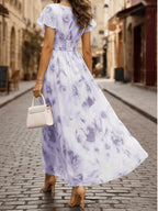 Women's Elegant V-Neck Floral Print Maxi Dress with Ruffle Sleeves, Casual Waist, for Leisure and Vacation, ZLLZ - Lavender