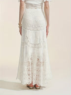 High-waisted Design Crochet Lace-up Hollow-out Skirt - Ivory White