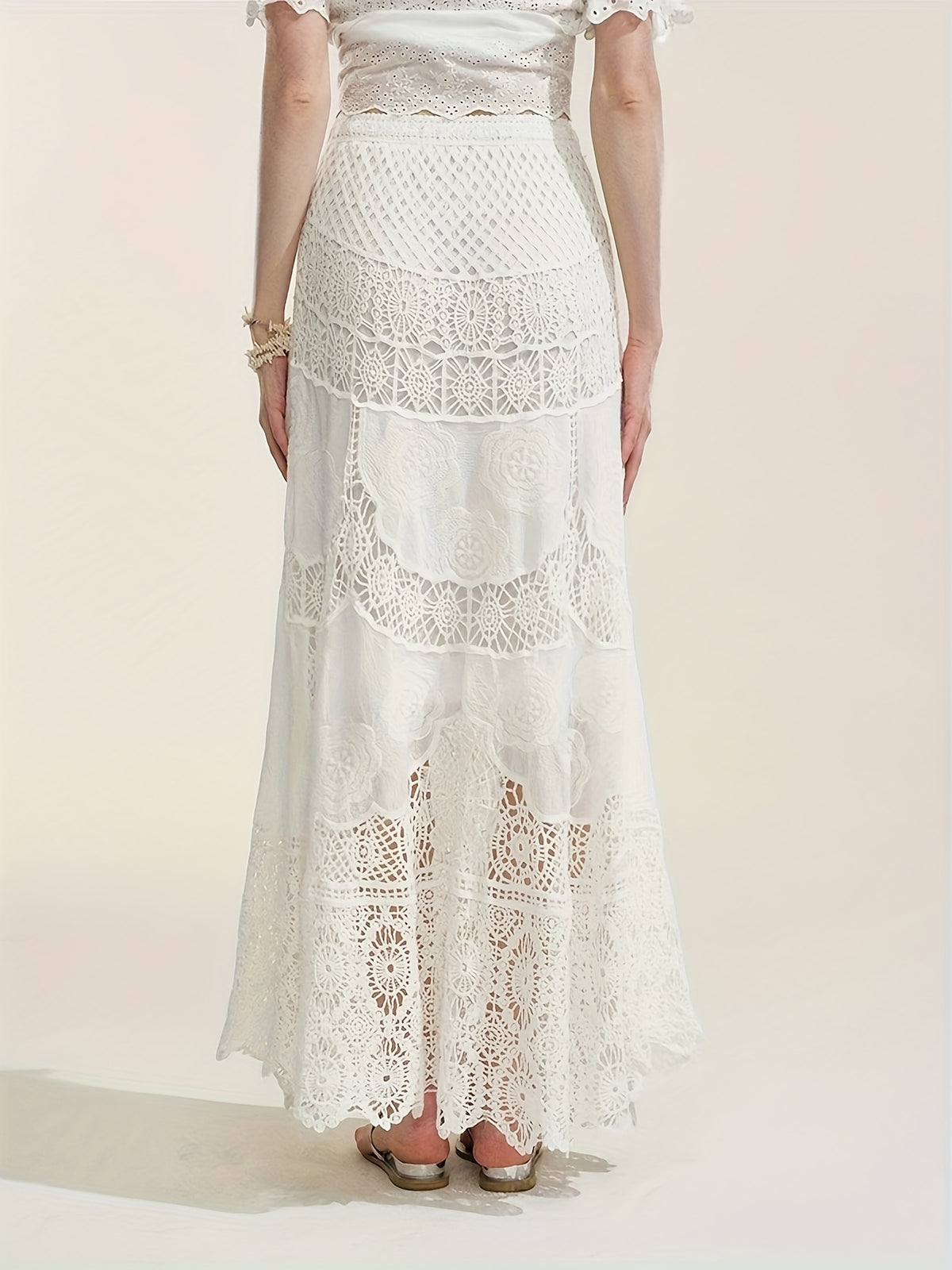 High-waisted Design Crochet Lace-up Hollow-out Skirt - Ivory White