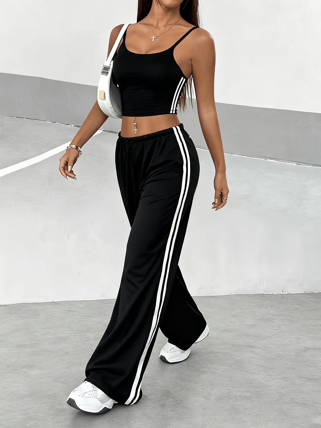 Spring/Summer New Women's Outfit Set, Crop Top + Wide-Leg Pants with Contrast Side Stripes - American y Style & Korean Lazy Chic Look - Black