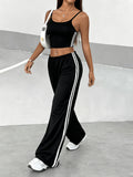 Spring/Summer New Women's Outfit Set, Crop Top + Wide-Leg Pants with Contrast Side Stripes - American y Style & Korean Lazy Chic Look - Black