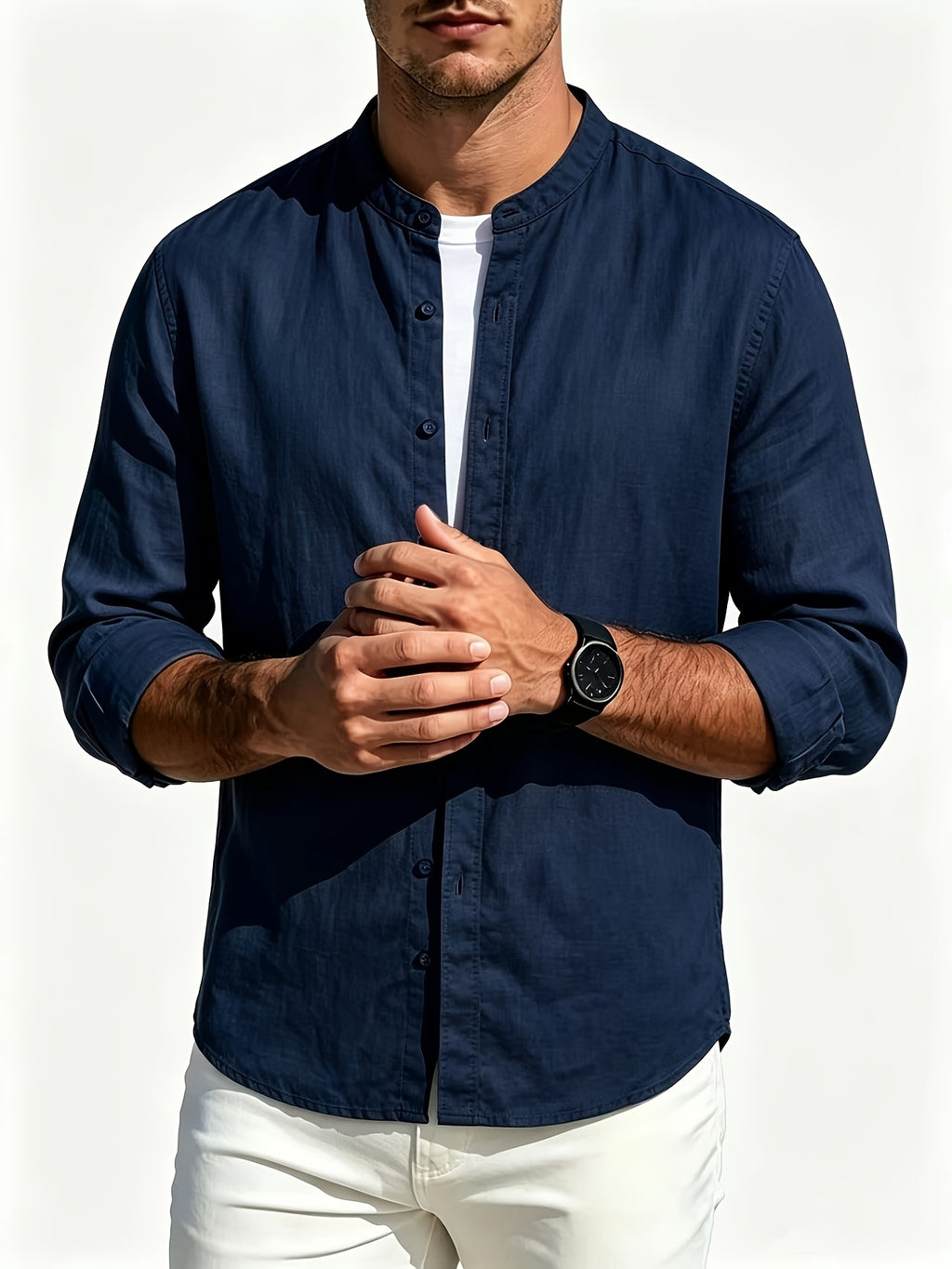 Men's Casual Stand up Collar Long Sleeved Shirt, Simple Solid Color Versatile, Suitable for Both Business and Leisure, Daily Commuting Outerwear - Navy Color
