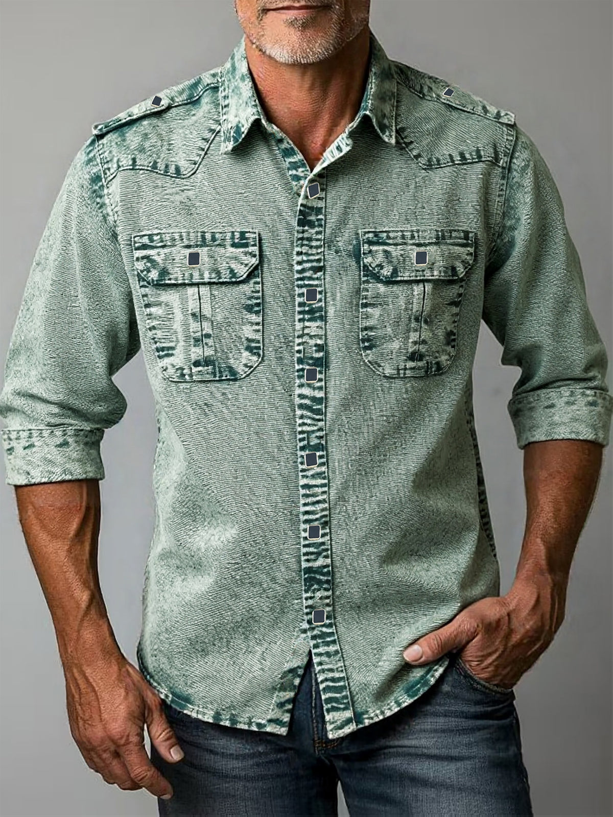 Men'S Retro Denim Shirt, Long-Sleeve Fashion New Arrival, Casual Premium Feel, Double Pockets, Washed Denim Shirt with Lapel Collar, Classic Blue Versatile Top, Handcrafted Popular Denim Shirt for Men - Powder blue