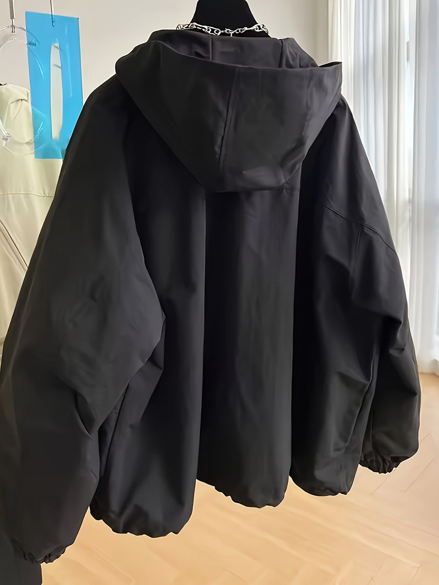 Women's Hooded Jacket with Diagonal Zipper Design, Vintage Autumn Loose Fashion, Outdoor Style, Casual Versatile - Black