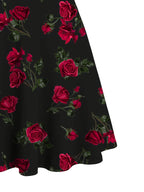 Elegant Casual Dress with a Rose Print, Front Pleats, Cross Wide Shoulder Straps, And Off-Shoulder Design - Black