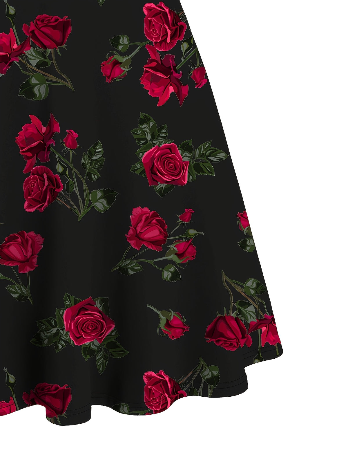 Elegant Casual Dress with a Rose Print, Front Pleats, Cross Wide Shoulder Straps, And Off-Shoulder Design - Black