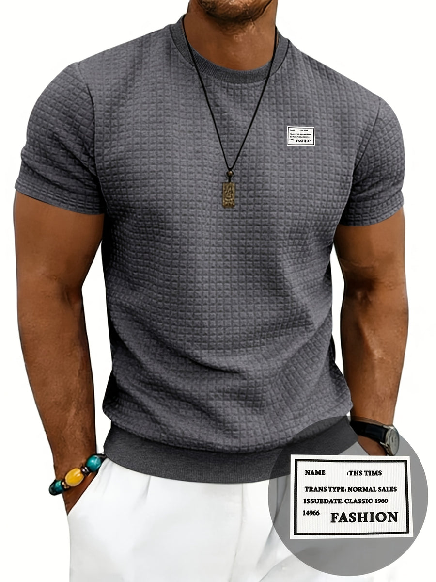 Men'S Waffle Knit T-Shirt, a Short Sleeve Crew Neck Casual Summer Top Featuring Premium Handcrafted Fashion Labeling. Made from Textured, Breathable Fabric with a Soft And Lightweight Feel, Offering a Comfortable Slim-Fit Design - Dark Gray