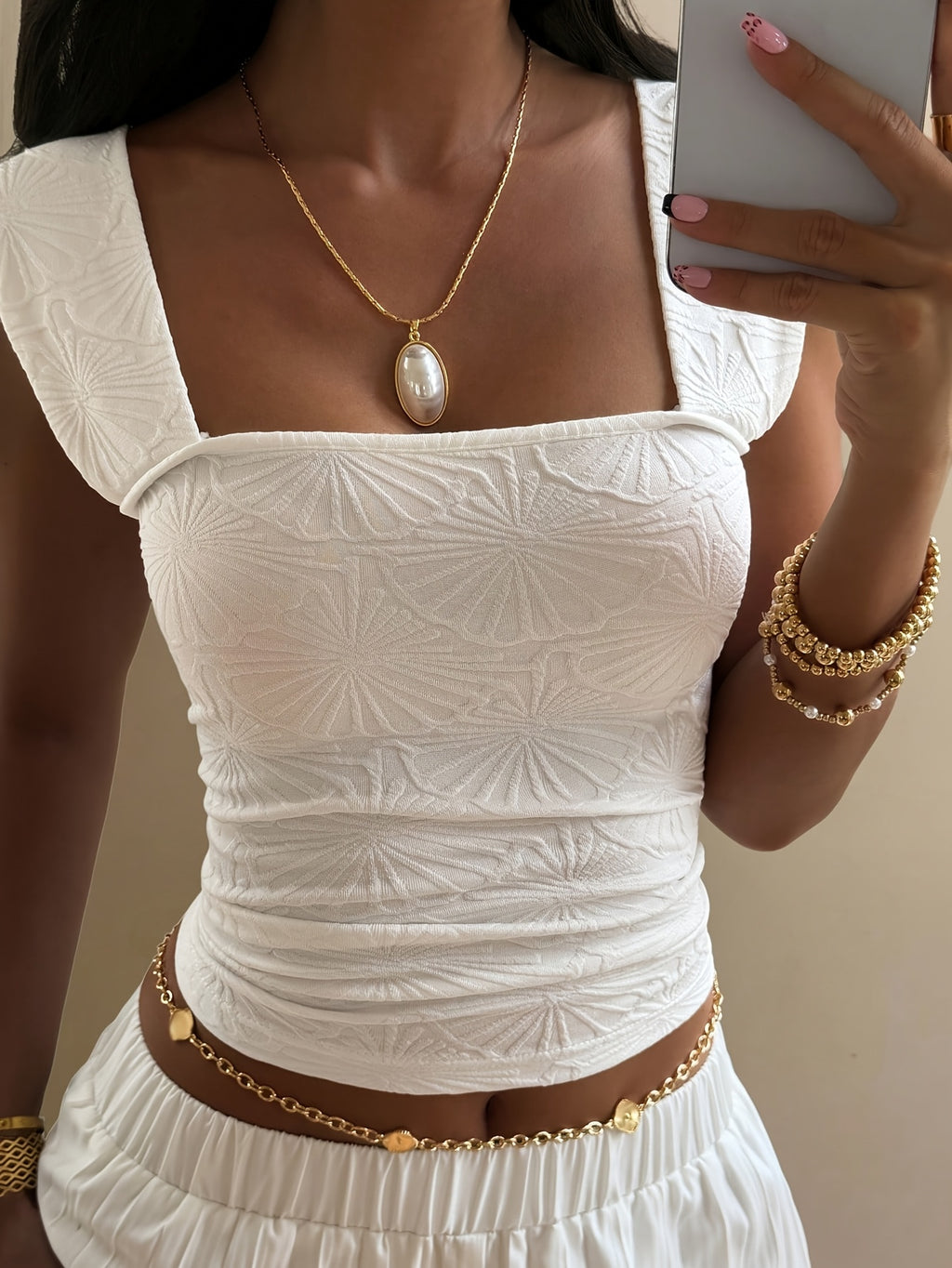 Solid Color Square Neck Slim Fit Textured Fabric Casual Summer Fashion Slim Tank Top Women's Crop Top - Ivory White