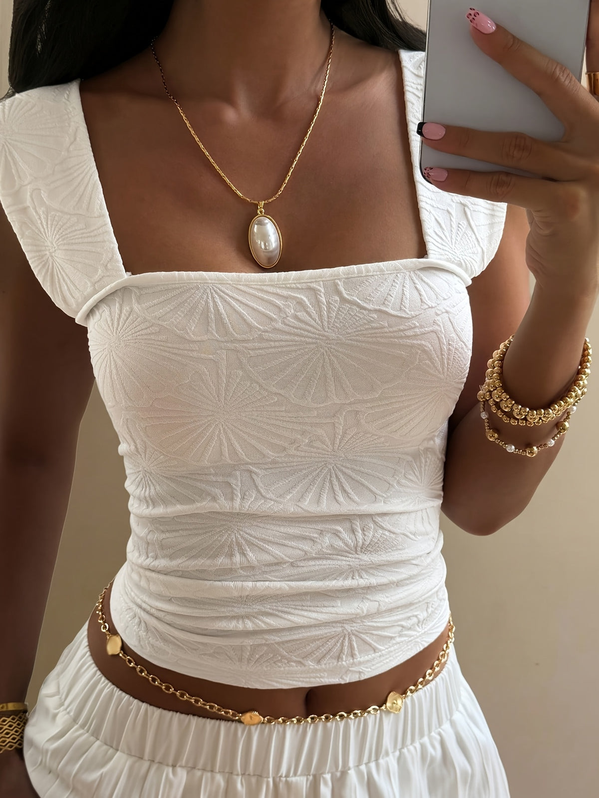 Solid Color Square Neck Slim Fit Textured Fabric Casual Summer Fashion Slim Tank Top Women's Crop Top - Ivory White