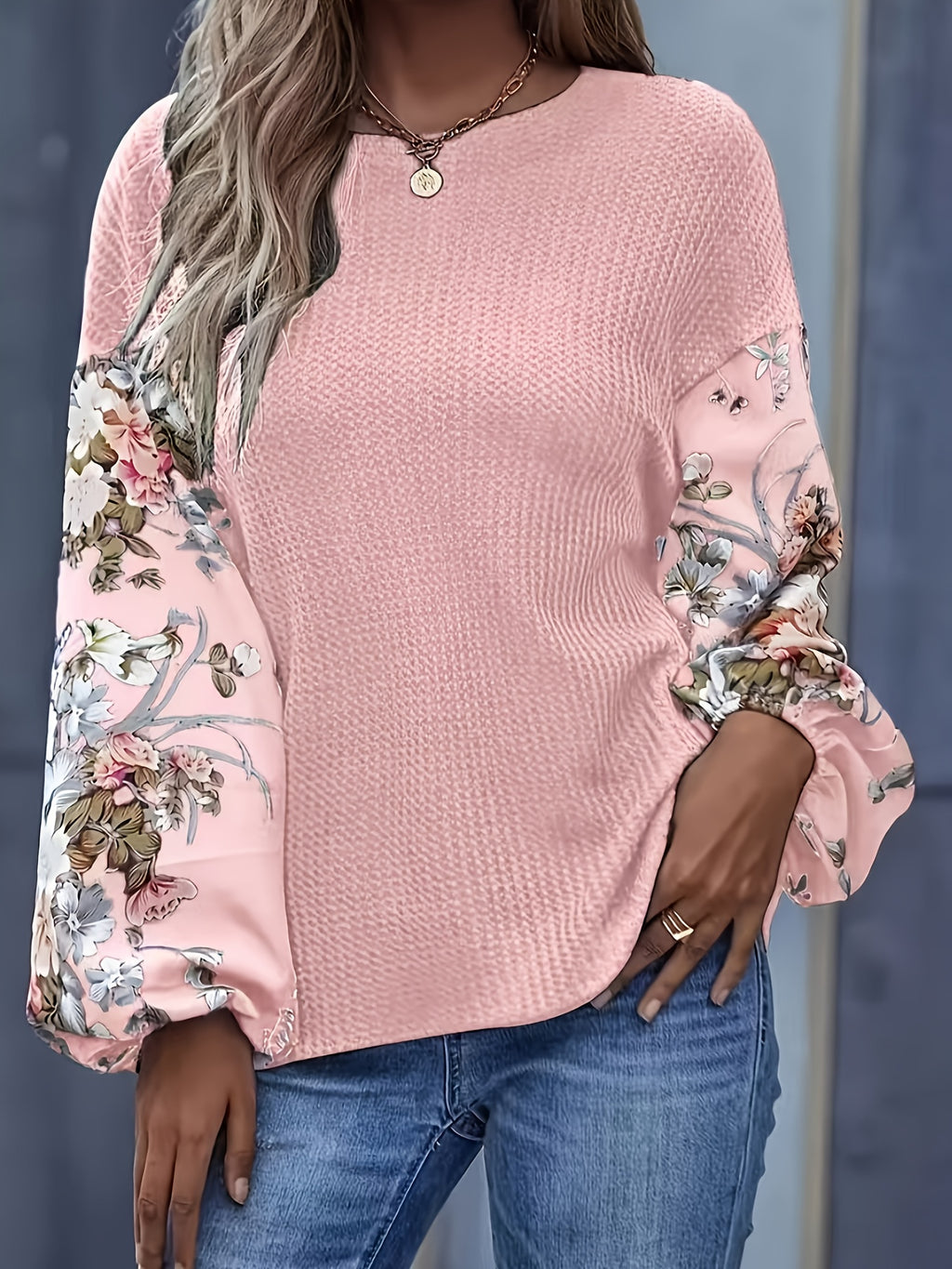 Holiday Floral Print Lantern Sleeve T-Shirt - Pink