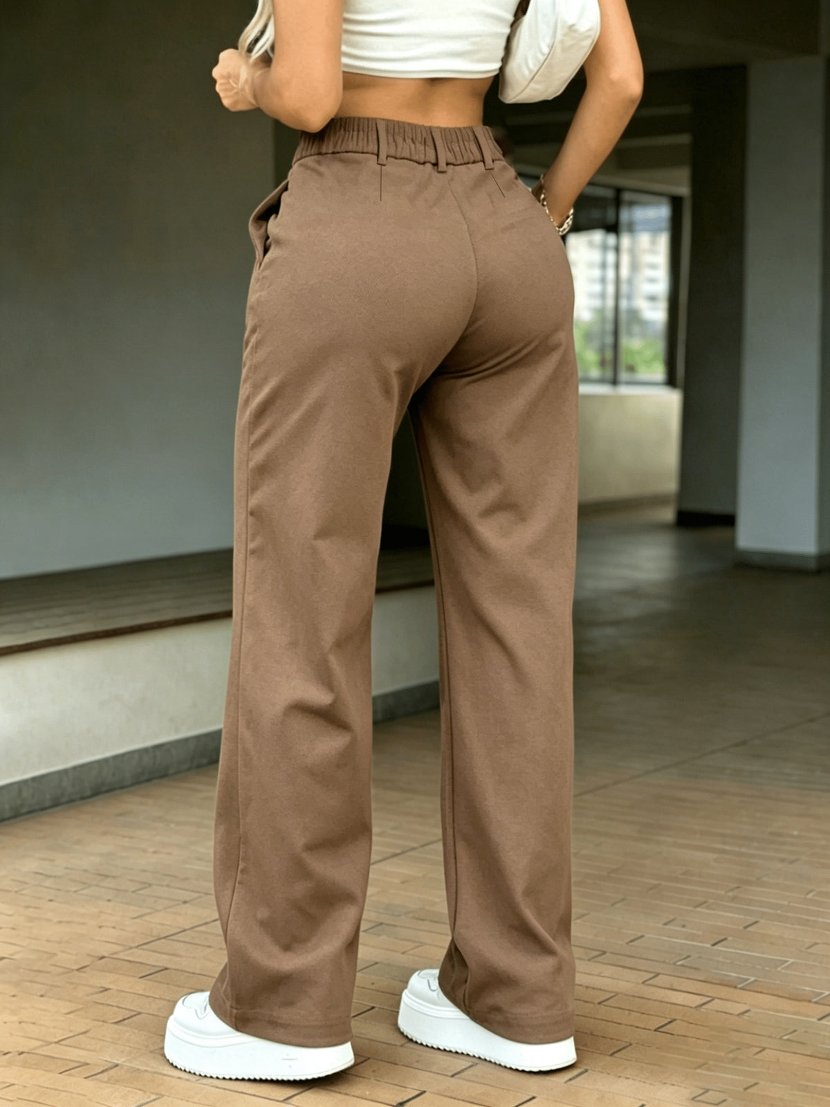 HMY Western Style High-Waist Button-Fly Wide-Leg Trousers, Drape Commute Casual Straight Suit Pants And - Camel
