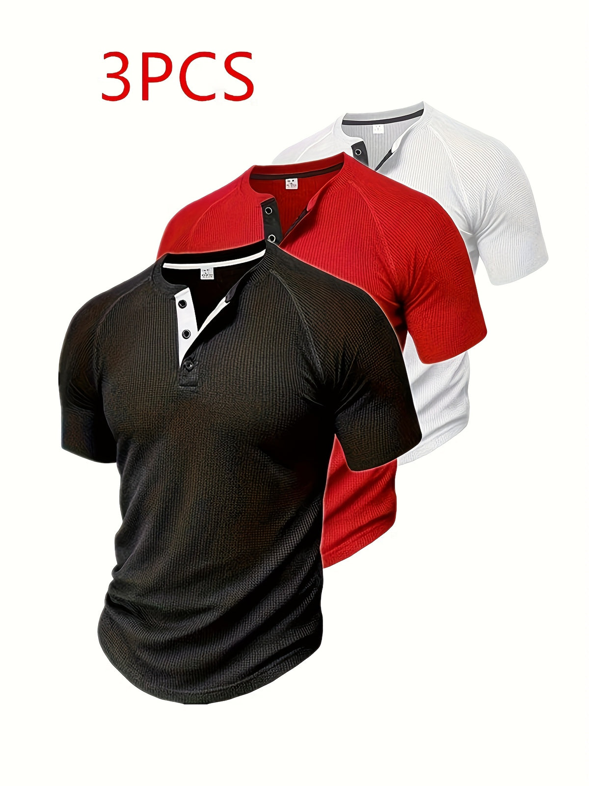 (Set of 3) Men'S Loose-Fitting Solid Color Henley Short-Sleeve, Round Neck Half-Button T-Shirt, Suitable for Outdoor Activities in Spring And Summer. - black red White