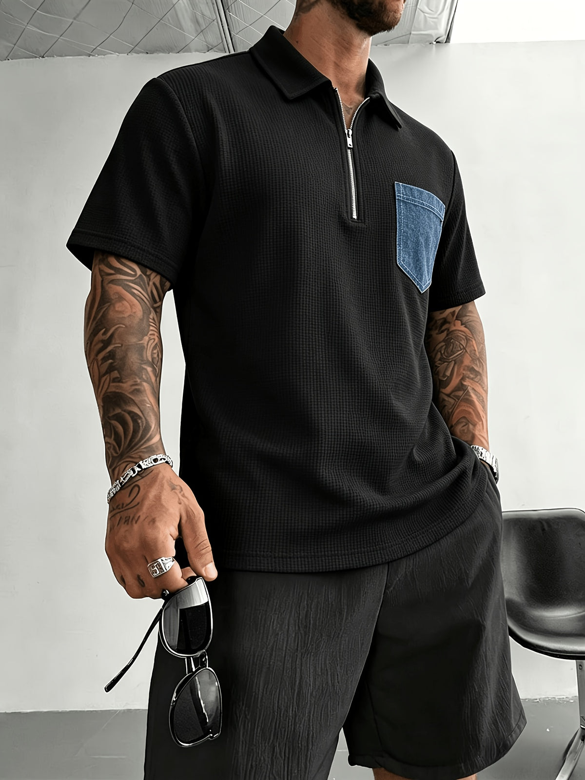 Spring Summer Men'S Easy Half-Zipper Collar Short Sleeve T-Shirt Faux Denim Patch Pocket Casual Polo Shirt Comfortable All-Match - Black