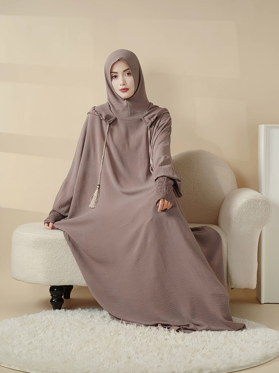 Women's Solid Color Loose Fit Muslim Batwing Sleeve Fringe Drawstring Hooded Hoodie for Daily Wear Islamic Clothing Prayer Abaya Gown - Pale Pinkish Gray