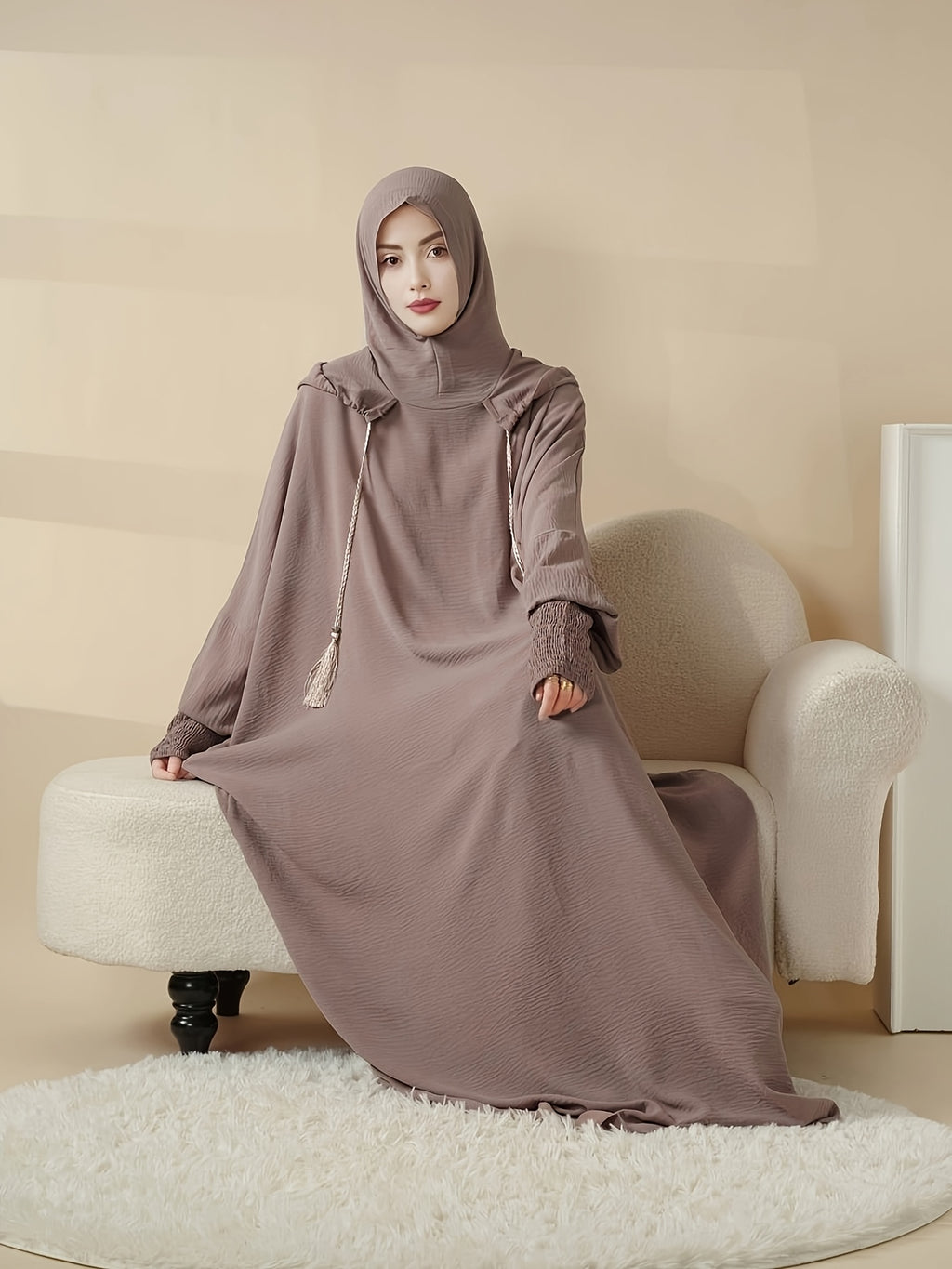 Women's Solid Color Loose Fit Muslim Batwing Sleeve Fringe Drawstring Hooded Hoodie for Daily Wear Islamic Clothing Prayer Abaya Gown - Pale Pinkish Gray