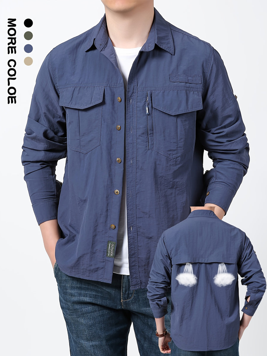 2025 Spring New Outdoor Fishing Long Sleeve Shirt Thin Multi-pocket Men's Workwear Shirt - Vibrant Blue