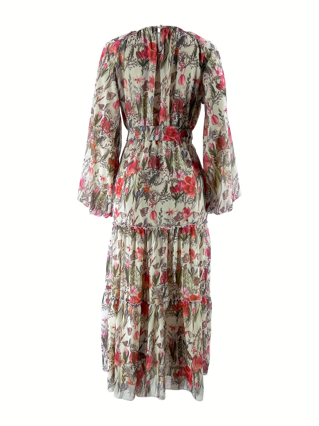 Middle Eastern Muslim Fashion Floral Print Long Dress - Watermelon Red