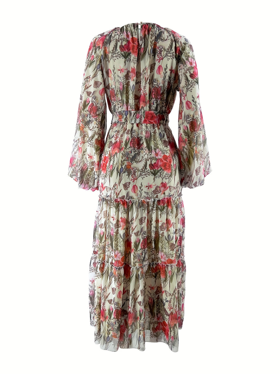 Middle Eastern Muslim Fashion Floral Print Long Dress - Watermelon Red