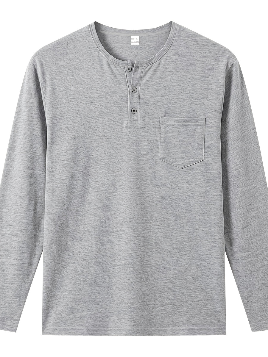 Men's Henley Neck Long Sleeve T-Shirt, Spring/Autumn Three-Button Casual Base Layer, Slim Fit Versatile Top with Left Chest Pocket - Light Grey
