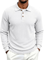 Spring/Autumn Men'S Long Sleeve Polo Shirt, High-Elastic Textured Vertical Rib Jacquard Collar T-Shirt, Business Casual Slim Fit Versatile Solid Color Pullover Top - White