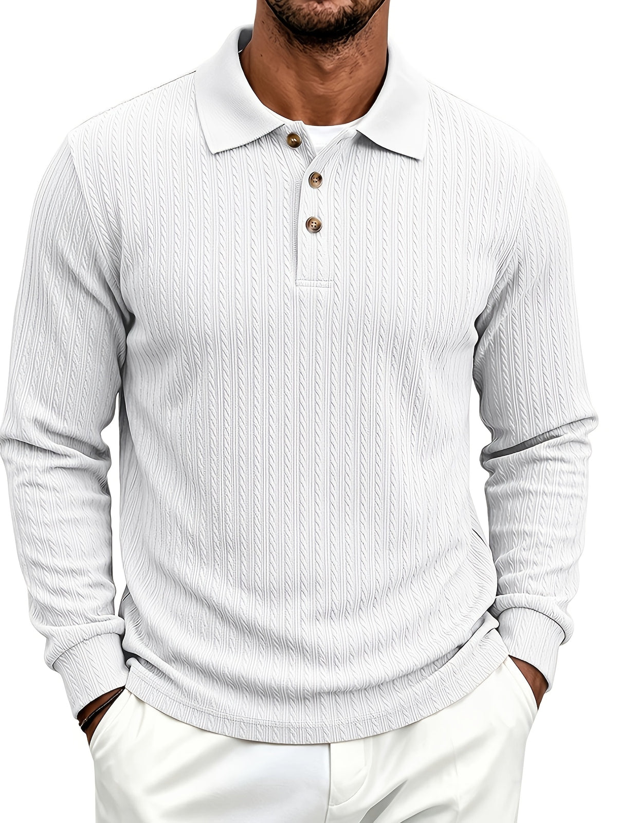 Spring/Autumn Men'S Long Sleeve Polo Shirt, High-Elastic Textured Vertical Rib Jacquard Collar T-Shirt, Business Casual Slim Fit Versatile Solid Color Pullover Top - White