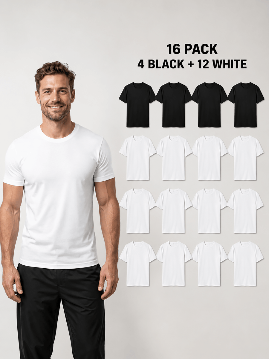 16pcs Men'S 100% Round-Neck Solid Color Short-Sleeve T-Shirts, Black And White, Soft And Breathable Basic Undershirts, Suitable for Daily Casual Wear, Sports, And Outdoor Wear - 4 Black, 12 White, 16-Piece Pack