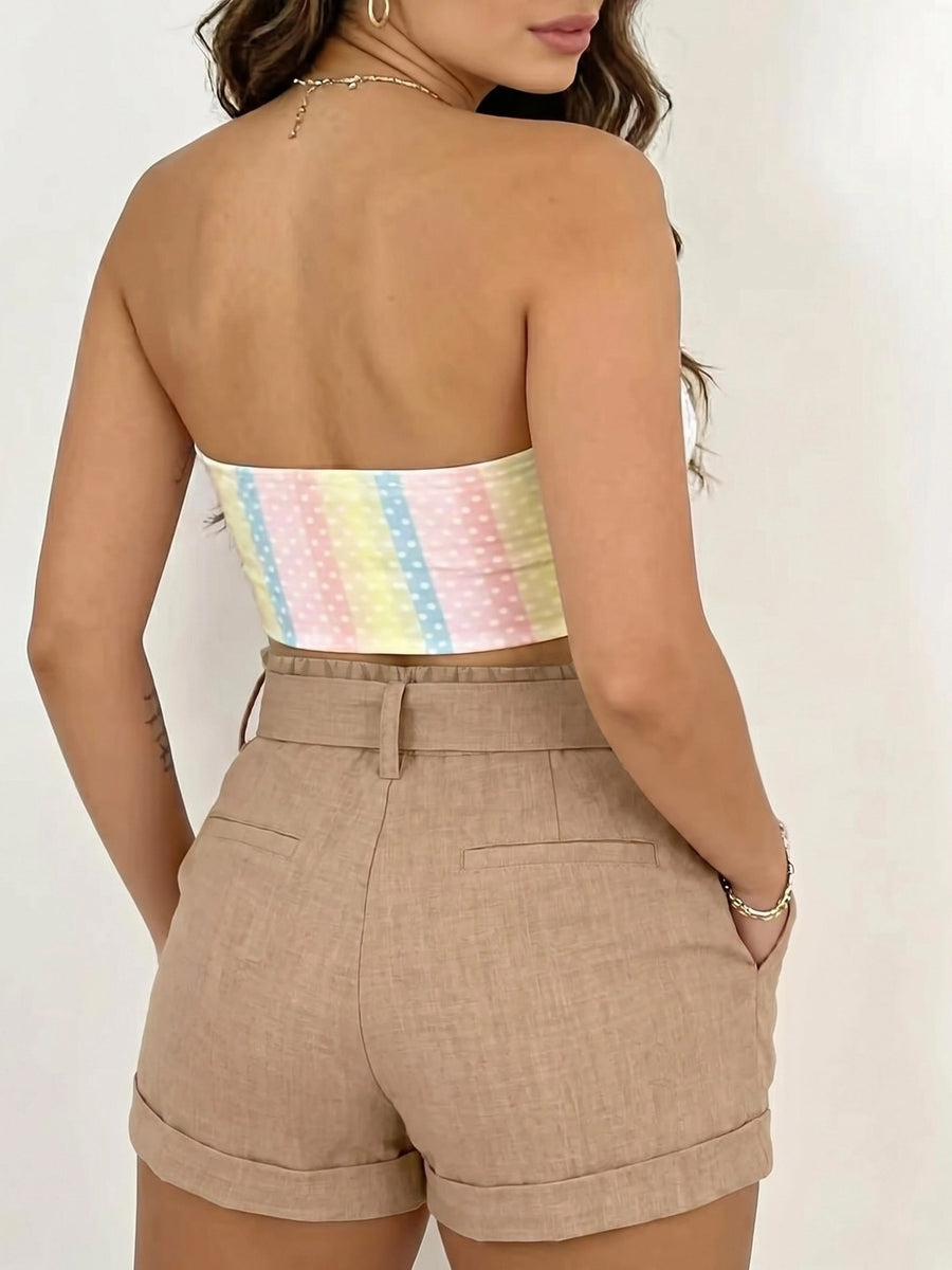 New Summer 2026 Solid Color High-Waist Three-Quarter Fashion Shorts - Khaki