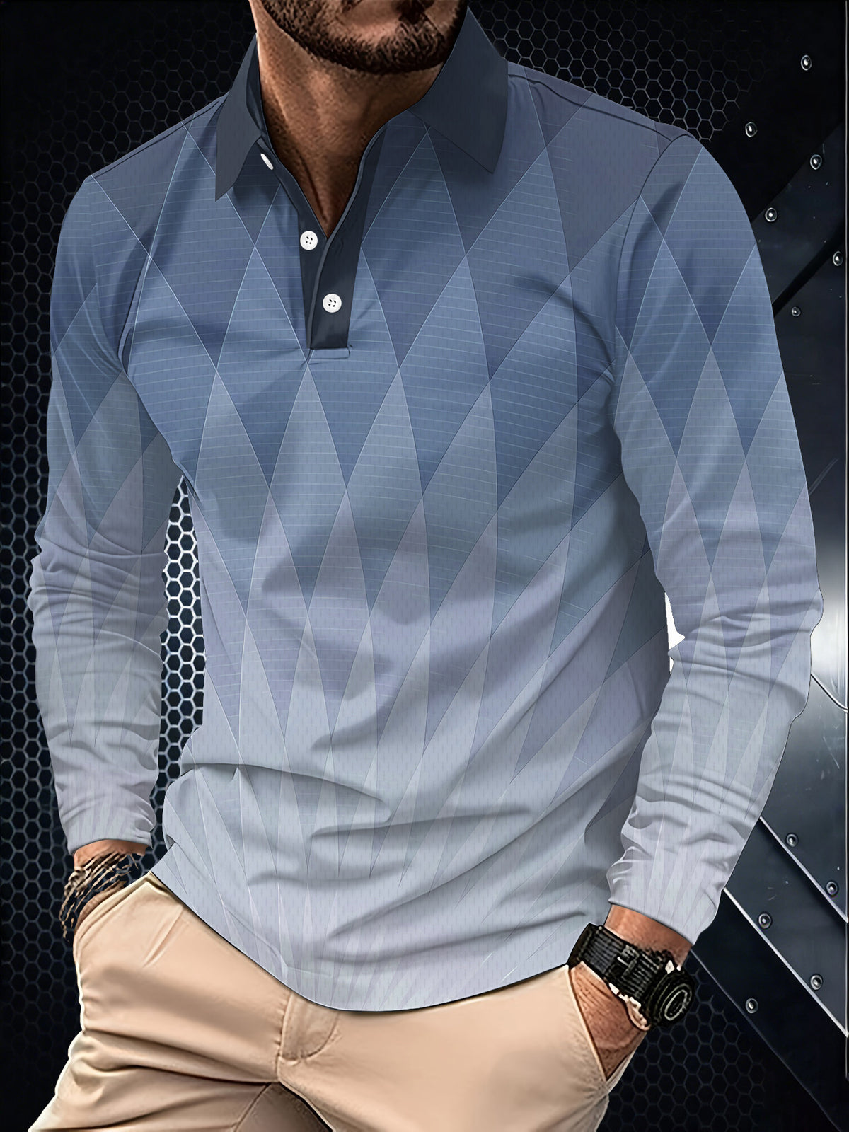 Men'S Digital Print Long Sleeve Polo Shirt - Non-Textured, Blue-Gray Geometric Gradient, Skin-Friendly Breathable Fabric, Men'S Fashion Casual Polo, Casual Men'S Top - Mixed colors