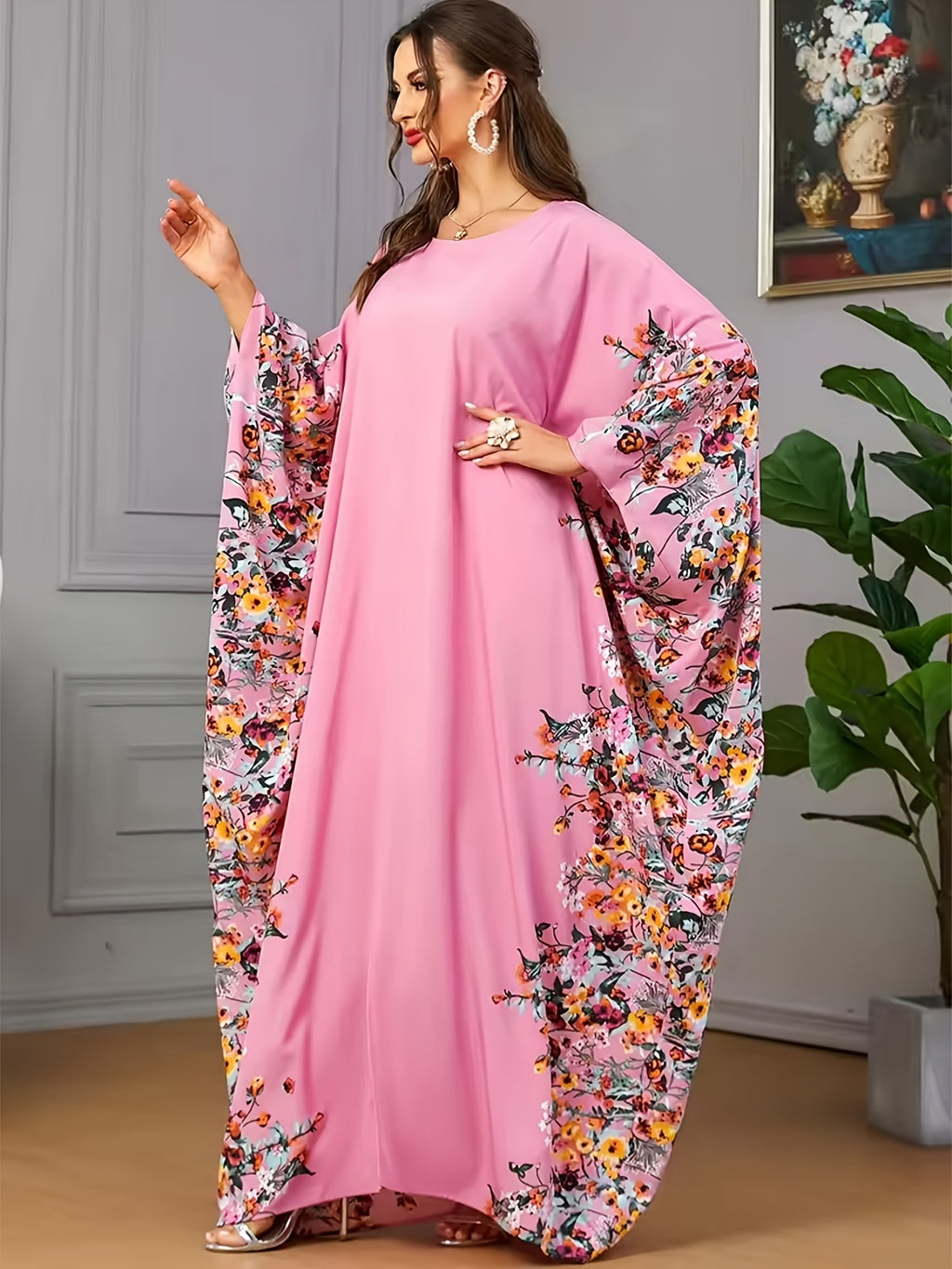 1pc Floral Print Crew Neck Abaya, Elegant Batwing Sleeve Split Maxi Dress, Women'S Clothing Maxi Abaya Dress Modest Prayer Dress for Muslim Women | Batwing Sleeves And Elegant Swing Hem for Everyday Outings And Travel Outfits - Pink
