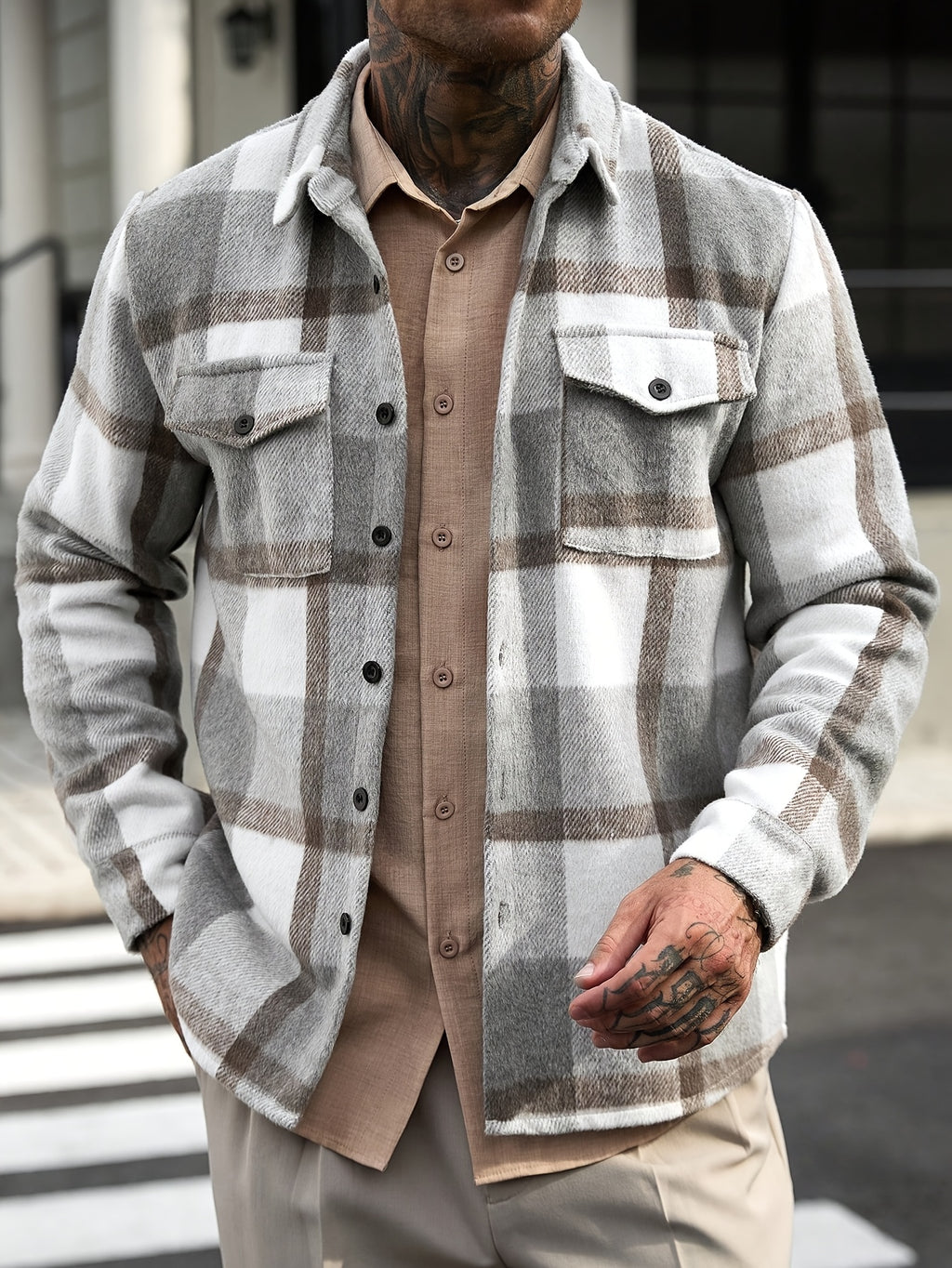 Men's Casual Plaid Long-Sleeve Jacket, Multi-Pocket Long-Sleeve Shirt, Autumn/Winter Flannel Outerwear, the Perfect Holiday Gift for a Boyfriend or Husband - Grey
