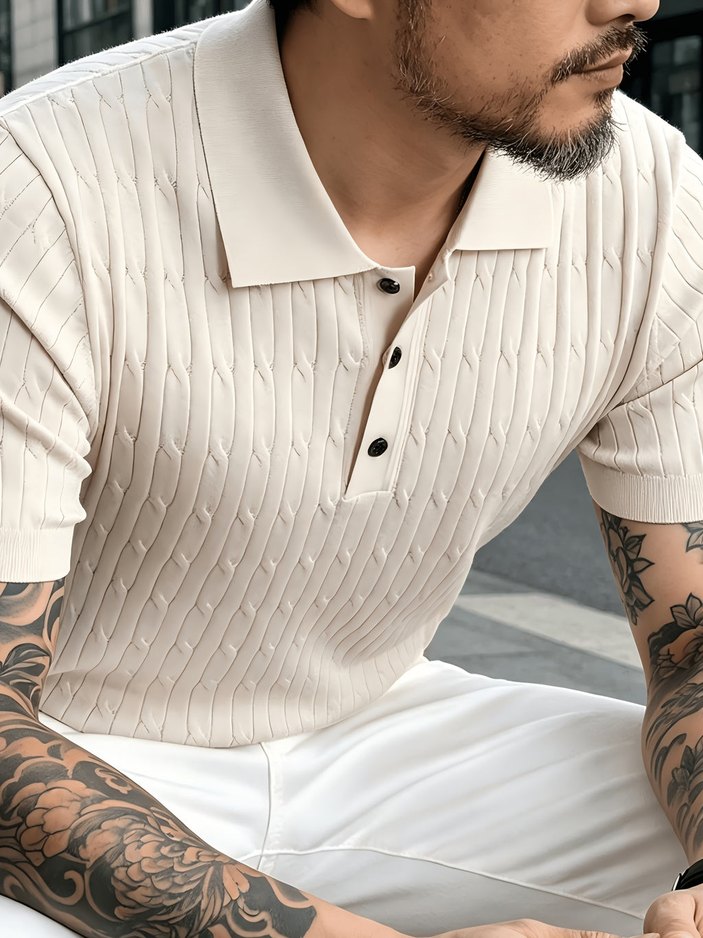 American-style Mature Middle-aged Men's Vertical Rib-knit Polo Shirt, Summer Lightweight Solid Color Lapel Short Sleeve, Urban Outdoor Street Style Loose-fit Textured Business Casual Top - Yami Apricot