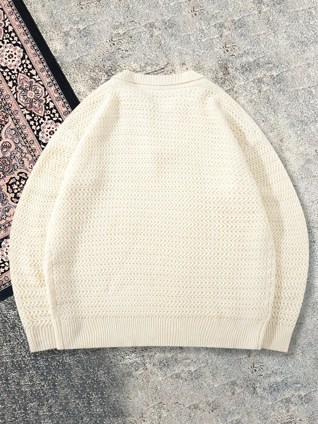 Autumn/Winter 26 New Style Solid Color Three-Dimensional Texture Mature Style Y-Shaped Lapel Knit Sweater Men's Long Sleeve Pullover Apricot Sweater - Apricot